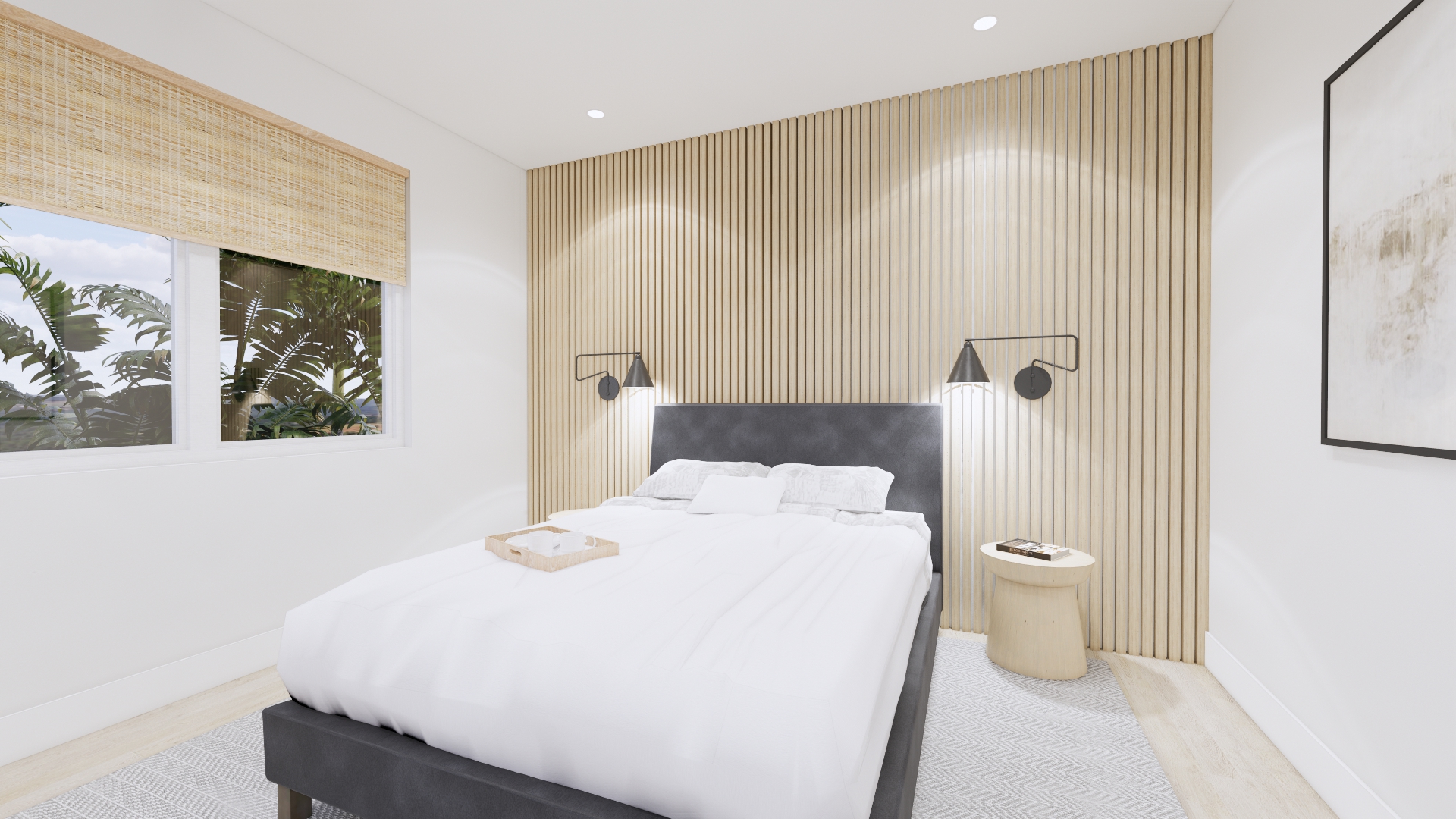 Bequia master bedroom with wood slat accent wall and modern lighting